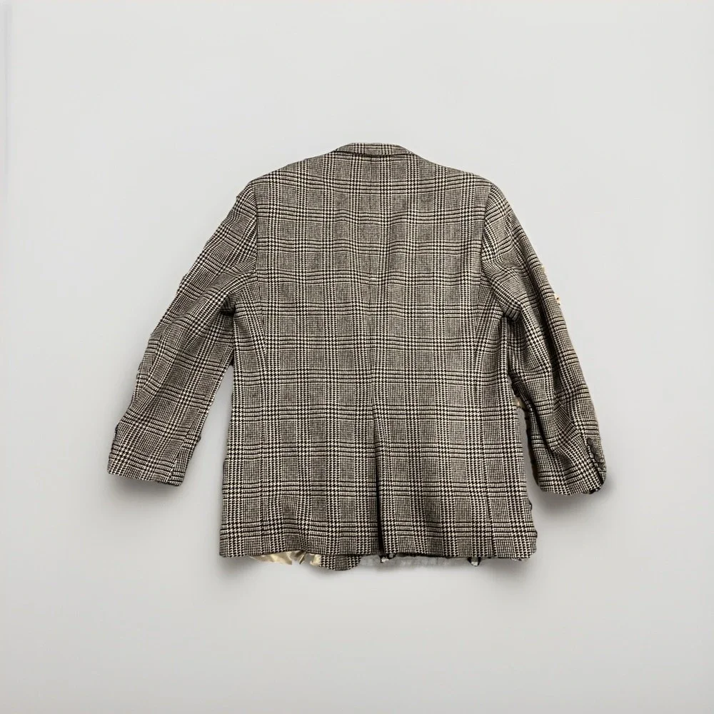 Alan‎ Flusser Glen Check Tweed Blazer Mens 44L Brown Tan Wool  Sport Coat 90s